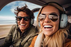 proche en haut portrait de une Jeune couple en volant petit avion. ai généré photo