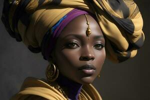 noir femme dans africain turban sur studio Contexte. ai généré photo