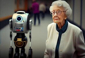 femme robot aide marcher se soucier pour le avenir. ai généré. photo