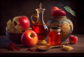 rosh hashana juif vacances concept - pommes, Miel, grenade . ai généré. photo