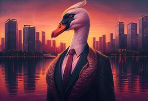 portrait de un anthropomorphe cygne habillé comme une homme d'affaire contre le toile de fond de une moderne ville à le coucher du soleil. ai généré. photo