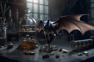 fermer chauve souris et tester tubes dans le laboratoire sur le tableau. ai généré photo