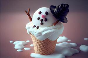 la glace crème dans une gaufre tasse dans le forme de une bonhomme de neige. ai généré photo