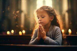 mignonne petit fille prier dans le église et Jésus donnant bénédiction, cinématique effet, les studios lumière. ai généré photo