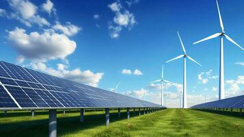 solaire panneaux et vent turbines sur été. ai généré photo