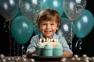 une petit content garçon en portant en haut une anniversaire gâteau à le caméra. ai généré photo