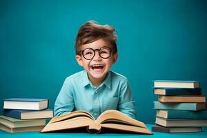 portrait de une content enfant peu garçon avec des lunettes séance sur une empiler de livres et en train de lire une livres, lumière bleu Contexte. ai généré photo