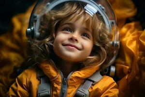 portrait de peu enfant fille dans un astronaute costume. ai généré photo