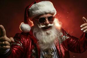 vieux homme gris barbe tenir ancien disco Balle Danse froussard porter Père Noël Noël costume. ai généré photo