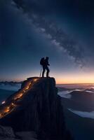 promeneur à le sommet de une Montagne surplombant une étourdissant voir. ai généré photo