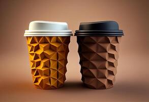 3d deux papier café tasses isolé , prendre une façon café tasses. ai généré photo