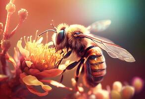 abeille recueille nectar sur une ensoleillé jour, sauvage insecte vie. ai généré. photo