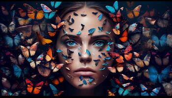 femme visage collage en dehors dans le milieu de une plein groupe de papillons. ai généré photo