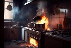 le fourneau enflammé dans le moderne cuisine pendant cuisson, fumée et suie autour, Feu à maison. ai généré photo