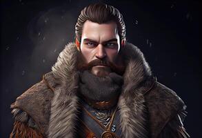 portrait de un ancien guerrier avec une barbe et dans l'hiver. ai généré photo