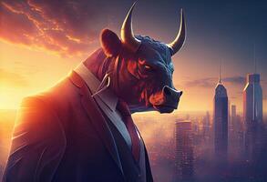 portrait de un anthropomorphe taureau habillé comme une homme d'affaire contre le toile de fond de une moderne ville à le coucher du soleil. ai généré photo