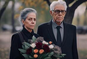 Sénior homme permanent avec attrayant femme en portant fleurs sur funérailles. ai généré photo