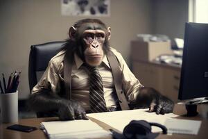 singe portant costume dans Bureau , homme d'affaire singe séance à Bureau . ai généré photo