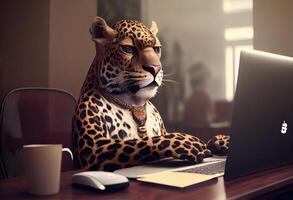 portrait de un anthropomorphe jaguar comme une développeur dans le bureau. ai généré photo