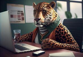 portrait de un anthropomorphe jaguar comme une développeur dans le bureau. ai généré photo