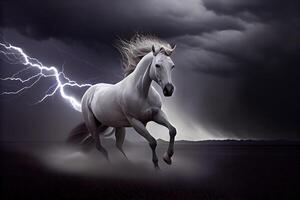 une blanc cheval court par foncé orage des nuages parmi foudre. ai généré photo