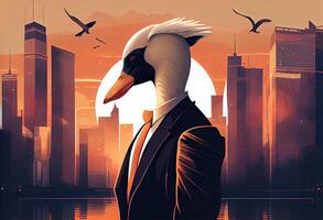 portrait de un anthropomorphe cygne habillé comme une homme d'affaire contre le toile de fond de une moderne ville à le coucher du soleil. ai généré. photo