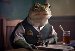 portrait de un anthropomorphe crapaud habillé comme une écolier dans une Salle de classe. ai généré. photo