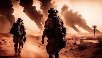 militaire spécial les forces soldats des croix détruit zone de guerre par Feu et fumée dans le désert. ai généré. photo