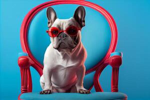 français bouledogue chien dans rond des lunettes de soleil est assis sur une rouge chaise sur une bleu Contexte. ai généré photo