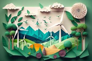 papier art , renouvelable énergie avec vert énergie comme vent turbines , renouvelable énergie par carbone neutre énergie , énergie consommation et co2, réduire CO2 émission concept. ai généré photo