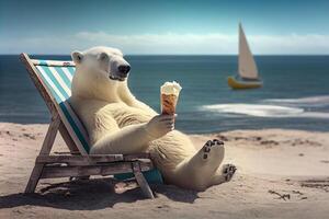une blanc polaire ours mange la glace crème dans une cône sur le plage. ai généré photo