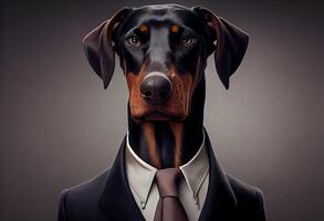 portrait de une chien dobermann habillé dans une formel affaires costume. ai généré photo