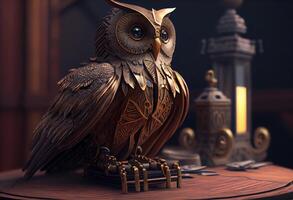 fermer de un hibou statue séance sur Haut de une en bois tableau, une 3d le rendu, cinétique art, steampunk. ai généré photo