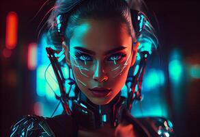 photo cyberpunk femme portrait futuriste néon style. ai généré