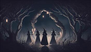 une sombre spectaculaire arrière-plan, sorcières dans noir capes effectuer une rituel dans une foncé sombre forêt. .ai généré. photo