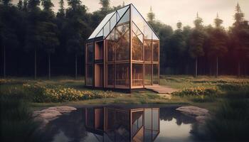 verre maison de le futur fabriqué de bois et verre. ai généré. photo