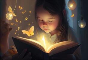 illustration La peinture de fille en train de lire une livre et gros ampoule. ai généré. photo