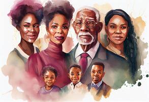 gros africain américain famille aquarelle portrait. février, africain américain histoire journée. ai généré. photo