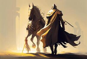 une d'or Chevalier et le sien cheval en marchant à champ de épées. ai généré. photo