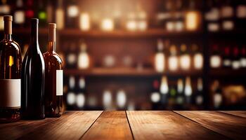 du vin en bois table Contexte. flou du vin magasin avec bouteilles. ai généré. photo