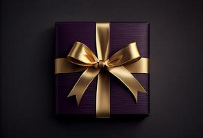 cadeau boîte foncé violet avec or ruban arc sur haut, foncé texturé Contexte. ai généré. photo