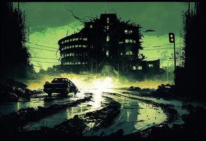 illustration La peinture de détruit abandonné ville, zombi apocalypse. ai généré. photo