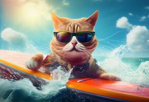 marrant chat dans des lunettes de soleil monte une planche de surf sur le océan vagues. été vacances concept. ai généré. photo