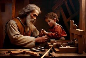 Saint joseph de Nazareth enseigne Jésus Christ à propos charpenterie. du père journée. Saint joseph le ouvrier. ai généré. photo