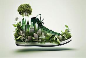 chaussure avec verdure et ville , carbone empreinte concept. ai généré. photo