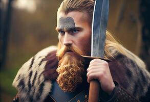 le viking se tenait grand et fier, le sien muscles tendu sous le sien doublé de fourrure tunique. ai généré. photo