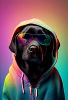 Créatif animal composition. noir Labrador dans déchiré sweatshirt à capuche, portant nuances lunettes de soleil monocle isolé. pastel pente Contexte. avec texte copie espace. ai généré photo