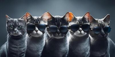 chats avec des lunettes de soleil sur foncé Contexte. ai généré photo