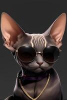 une mignonne chat sphynx portant des lunettes de soleil sur noir Contexte. ai généré photo