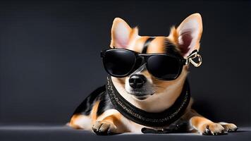 une mignonne chihuahua portant des lunettes de soleil sur noir Contexte. ai généré photo